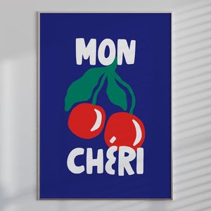 Mon Chéri Kirsche Kunstdruck, französisches Pop Art Poster, verspieltes Küchendekor, digitaler Download