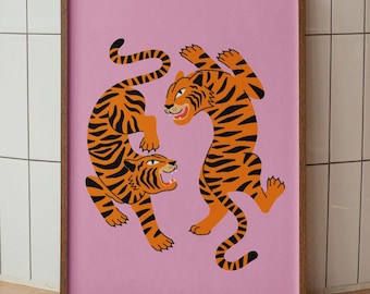 Pink illustrated Tiger Art Print, Digital Download, Preppy Wall Art