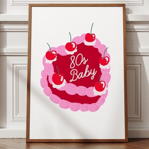 Impression d'art de gâteau de bébé des années 80 | Téléchargement numérique | Décoration murale gâteau coeur cerise | Affiche drôle d'anniversaire du millénaire