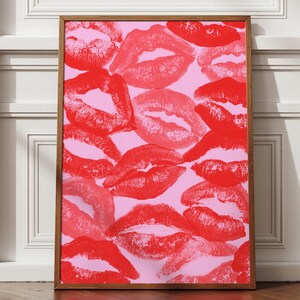 Red Lips Kisses Wall Art - Black and White Digital Love Art Print - Make up Wall Decor for Instant Download