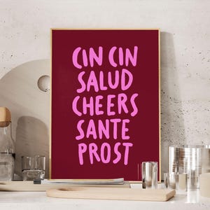 Poster imprimable CinCin Salud Cheers Sante Prost : impression de chariot de bar écrit à la main rose (téléchargement numérique) image 1