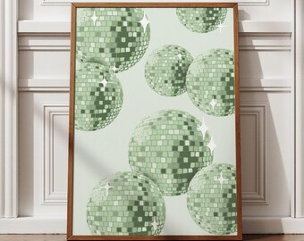 Sage Green Disco Balls Wall Art - Digital Download for Funky Home Decor
