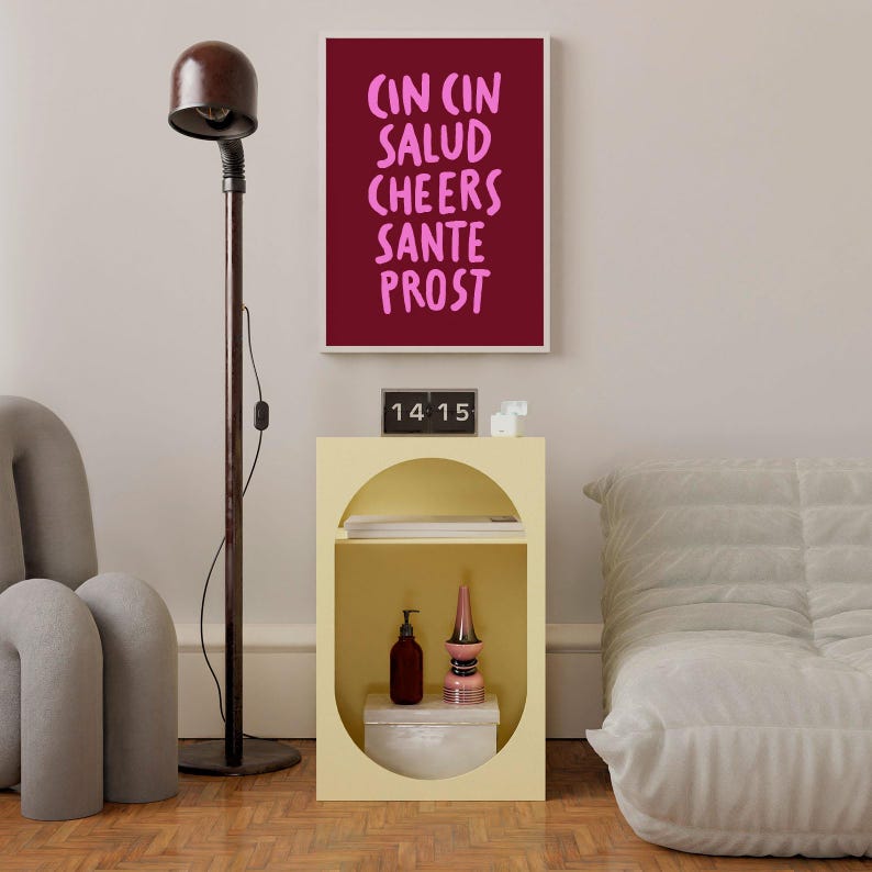 Poster imprimable CinCin Salud Cheers Sante Prost : impression de chariot de bar écrit à la main rose (téléchargement numérique) image 7