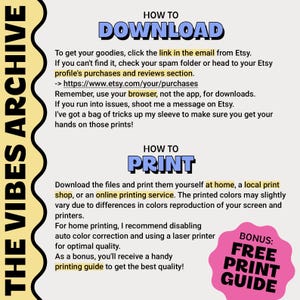 Peut inclure: Un guide de "The Vibes Archive" avec des instructions pour t&eacute;l&eacute;charger et imprimer des fichiers num&eacute;riques. Le texte comprend des &eacute;tapes pour les achats Etsy, l'utilisation du navigateur et l'impression &agrave; domicile ou dans un magasin local. Un autocollant rose offre un guide d'impression gratuit.