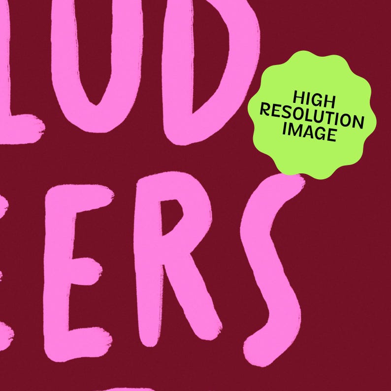 Peut inclure: Fond bordeaux avec un texte rose vif de style manuscrit. Un autocollant vert aux bords festonn&eacute;s indique "HIGH RESOLUTION IMAGE". Le texte semble &ecirc;tre le mot "LOUD" et les lettres "ERS".