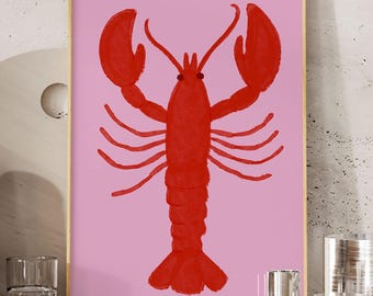 Retro Lobster Art Print | Digital Download | Hand Drawn Seafood Poster | Beach House Kitchen Decor