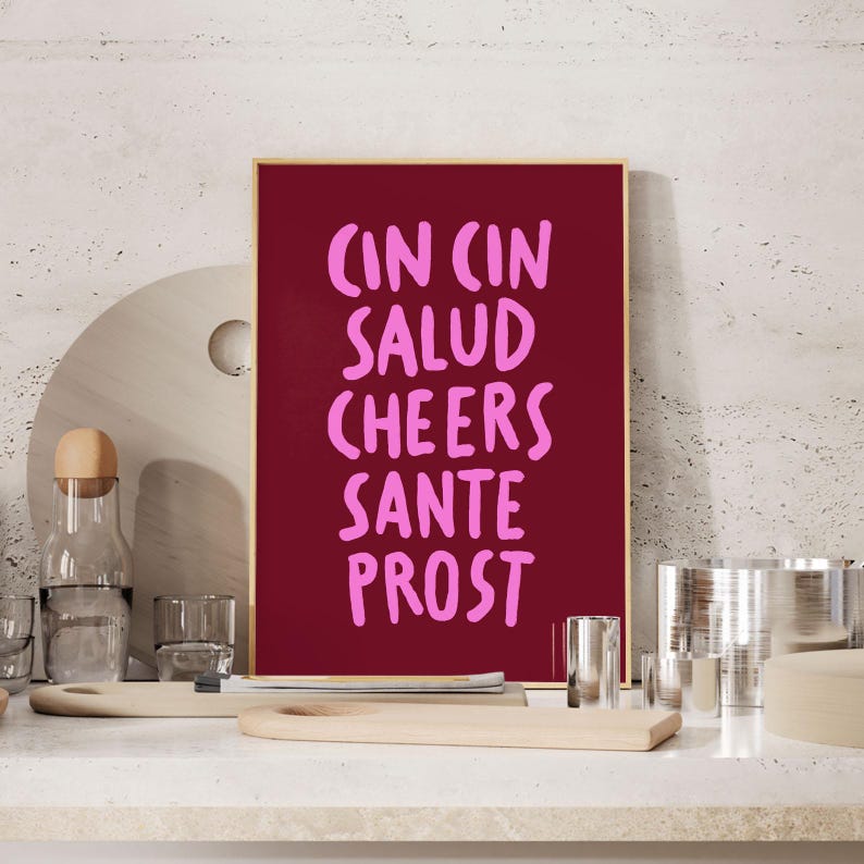 Poster imprimable CinCin Salud Cheers Sante Prost : impression de chariot de bar écrit à la main rose (téléchargement numérique) image 1