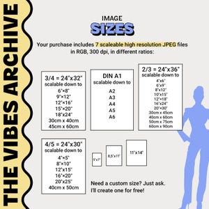 Peut inclure: Image de The Vibes Archive avec du texte indiquant que le produit comprend 7 fichiers JPEG haute r&eacute;solution &eacute;volutifs en RVB, 300 dpi, dans diff&eacute;rents rapports. Les tailles incluent 24"x32", 24"x36", 24"x30", et DIN A1, avec des mesures en cm.