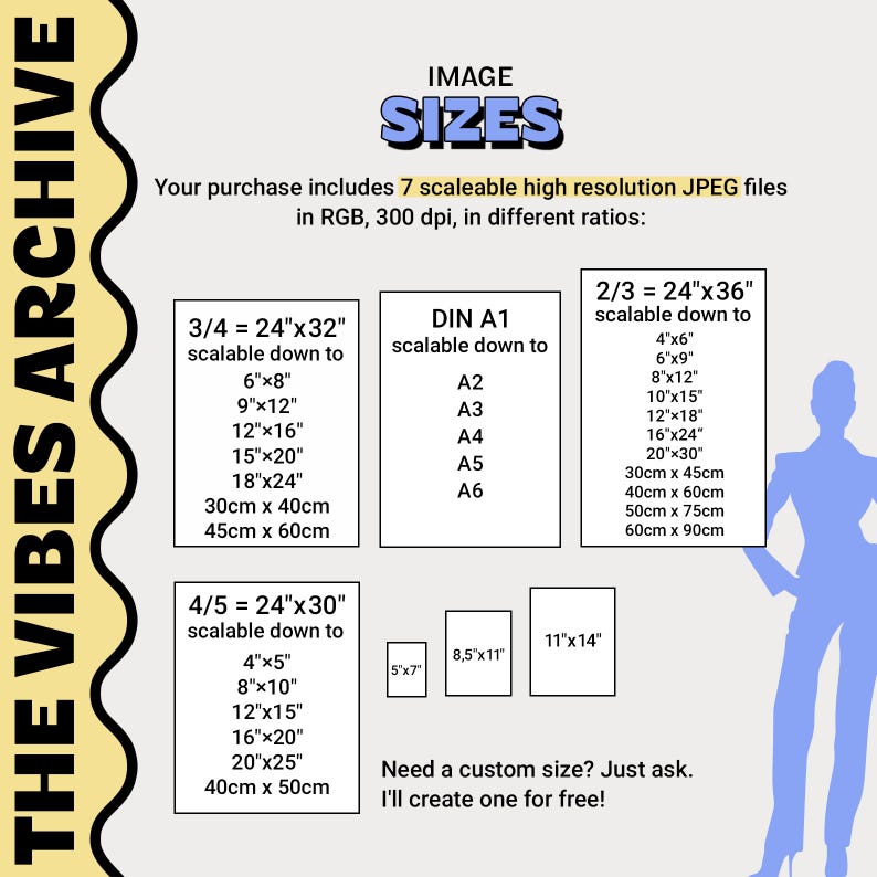Peut inclure: Image de The Vibes Archive avec du texte indiquant que le produit comprend 7 fichiers JPEG haute r&eacute;solution &eacute;volutifs en RVB, 300 dpi, dans diff&eacute;rents rapports. Les tailles incluent 24"x32", 24"x36", 24"x30", et DIN A1, avec des mesures en cm.