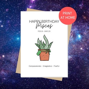 PEIXES Feliz Aniversário | Horóscopo de aniversário, signo, cartão de felicitações do zodíaco, amante de plantas, aloe vera, suculenta, imprimir em casa