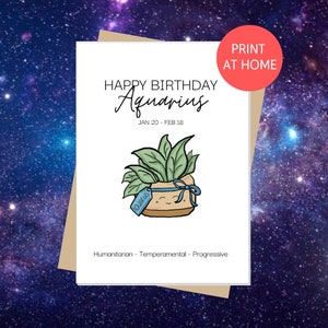 AQUÁRIO Feliz Aniversário | Horóscopo de aniversário, signo, cartão de felicitações do zodíaco, amante de plantas, Pothos, Devils Ivy, imprimir em casa