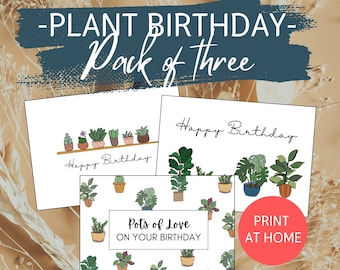 PACKUNG MIT 3 Pflanzen Karte | Verschiedene Pflanzen alles Gute zum Geburtstaggruß, editierbare Karte für Pflanzenliebhaber, handgezeichnete Illustrationen, zu Hause ausdruckbar