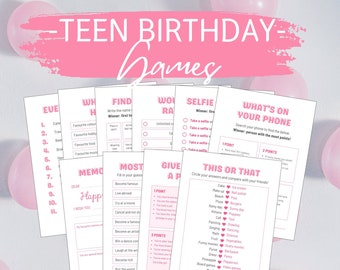 May include: A set of printable teen birthday party games with pink and white accents. The games include "What's on Your Phone", "This or That", "Give a Point", "Most", "Memo", "Find", "Would You Rather", "Selfie", and "Evenings".