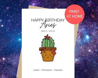 ARIES Happy Birthday | Horoscope Birthday, Star Sign, Zodiac Greeting Card, Plant Lover, Cactus, Succulent, Print at home