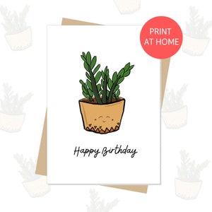 ZZ PLANT Gefeliciteerd met je verjaardag | Wenskaart plantenliefhebber, print thuis, leuke verjaardagskaart, eenvoudig, minimalistisch, illustratie