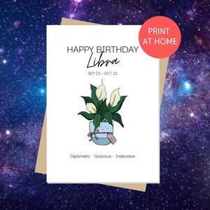 Feliz Aniversário LIBRA | Cartão de aniversário do horóscopo, signo, cartão do zodíaco, amante das plantas, lírio da paz, impressão em casa, download digital