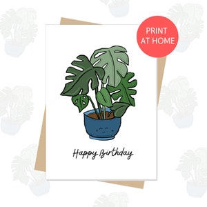 Gefeliciteerd met je verjaardag MONSTERA | Wenskaart plantenliefhebber, print thuis, leuke verjaardagskaart, eenvoudig, minimalistisch, illustratie
