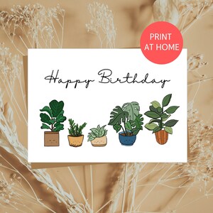 Cartão de feliz aniversário com caligrafia cursiva e desenhos de plantas ilustrados sorridentes. Minimalista, moderno, simples