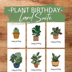 Pacote de cartões de aniversário (6 cartões para imprimir) com ilustrações de plantas sorridentes. Perfeito para cartões de última hora, amantes de plantas e ideias para economizar.