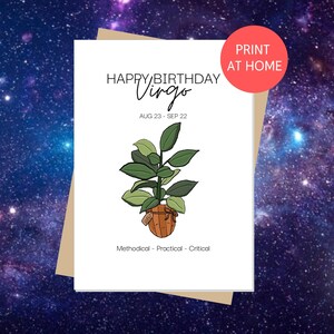 VIRGEM Feliz Aniversário | Cartão de aniversário do horóscopo, signo, cartão do zodíaco, amante de plantas, ficus, impressão em casa, download digital