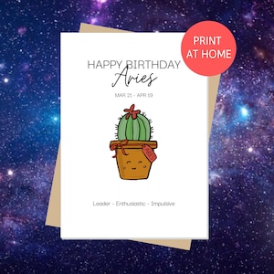 WIDDER Alles Gute zum Geburtstag | Horoskop Geburtstag, Sternzeichen, Sternzeichen Grußkarte, Pflanzenliebhaber, Kaktus, Sukkulente, Print at home