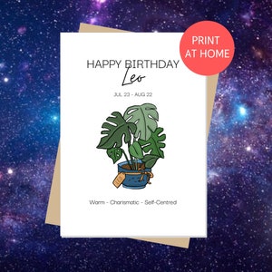 Feliz Aniversário LEO | Cartão de aniversário do horóscopo, signo, cartão do zodíaco, amante de plantas, Monstera, imprimir em casa, download digital