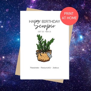ESCORPIÃO Feliz Aniversário | Cartão de aniversário do horóscopo, signo, cartão do zodíaco, amante de plantas, planta ZZ, imprimir em casa, download digital