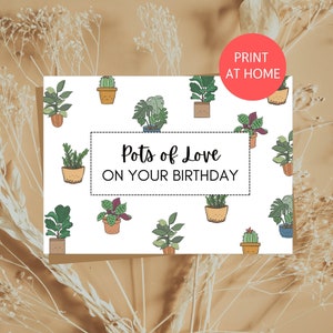 Cartão de aniversário de potes de amor - lindas ilustrações sorridentes de plantas com um slogan de trocadilho. Feito à mão, para impressão, perfeito para amantes de plantas, desenhos animados