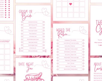 May include: A set of printable bridal shower games with pink hearts and text. The games include "Groom or Bride", "Would She Rather", "Date Night Jar", "Guess the Dress", and "About the Lovebirds".