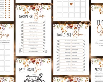 Juegos imprimibles para despedida de soltera / Despedida de soltera floral, despedida de soltera bohemia con hojas de otoño, paquete de actividades divertidas, boda, descarga instantánea