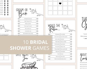 May include: Ten printable bridal shower games with black and white text and illustrations. The games include "Groom or Bride", "Would She Rather", "Date Night Jar", "Guess the Dress", and "About the Lovebirds".