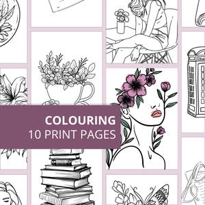 May include: A set of 10 printable coloring pages featuring various illustrations, including a woman with flowers in her hair, a cup of flowers, a stack of books, a telephone booth, and a butterfly.