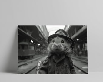 Hamster 1930er am Bahnhof - Anthropomorphes Tier Poster - Premium Qualität - Matte Oberfläche - Kunstwerk Tierliebhaber Zuhause Schwarz Weiß