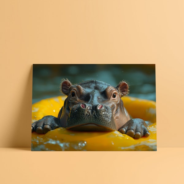 Nilpferd mit Schwimmring - Anthropomorphes Tierbild - digitaler Download - Kunstwerk Tierliebhaber Zuhause Farbe