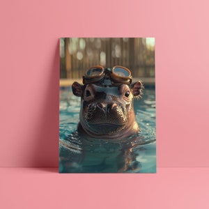 Pet Portrait Animal Poster for Animal Lover Cute Drawing of Hippo Humorous Art Print Birthday Gift for Nursery Kids Gift for Teenager