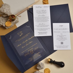 Faire-part de mariage en acrylique bleu marine, enveloppe de faire-part de mariage bleu foncé, cartes de mariage élégantes bleu foncé, ensemble de faire-part de mariage