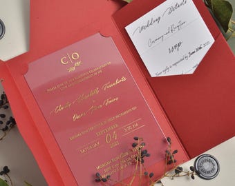 Gold Foil Printed Acrylic Wedding Invitation, Wedding Invitation Card With Red Envelope, Custom Gold Acrylic Invitation, Clear Invitations