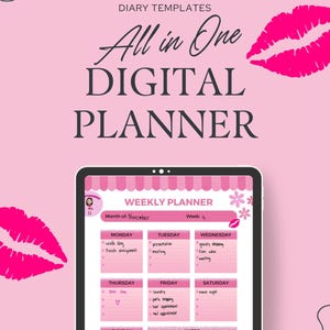 Puede incluir: Un planificador semanal digital rosa y blanco con una niña de dibujos animados en la portada. El planificador tiene una sección para cada día de la semana, con espacio para notas y citas. El texto "Planificador semanal" está en la parte superior de la página, y el texto "Mes de: noviembre" y "Semana: 4" está debajo.