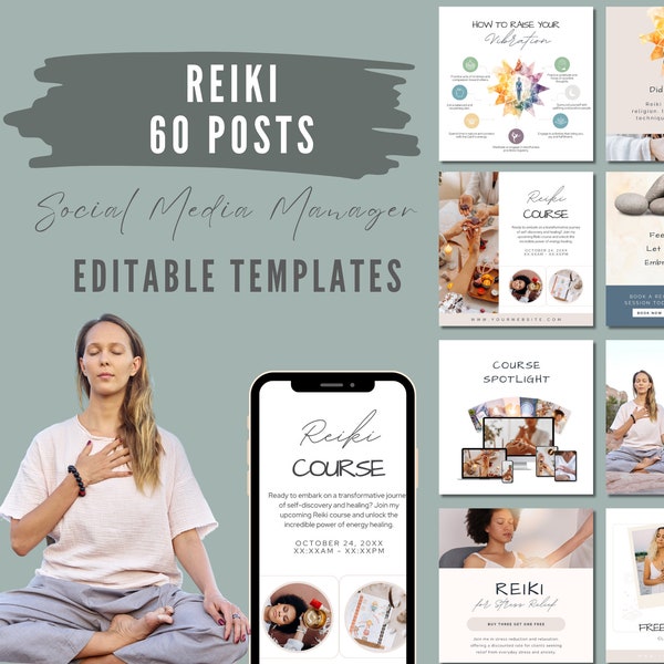 Reiki Healing Social Media Posts, Instagram templates, Holistic Wellness Coach, Chakra Reiki Session, Crustal reiki marketing bundle