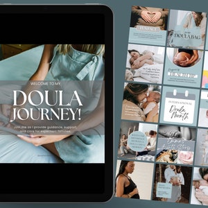 Könnte beinhalten: Ein digitales Tablet zeigt eine Website mit dem Text "Willkommen auf meiner Doula-Reise!" und einem Foto einer schwangeren Frau, die auf einem Bett sitzt. Die Website enthält auch den Text "Begleiten Sie mich, während ich Anleitung, Unterstützung und Betreuung für werdende Familien biete." Das Tablet befindet sich neben einem Raster mit 12 Social-Media-Posts über Doula-Dienstleistungen. Die Posts enthalten Fotos von schwangeren Frauen, Babys und Familien. Die Posts enthalten auch Text über Doula-Dienstleistungen, wie z. B. "Fun Fact", "Doula Bag", "Stilltipps", "Wichtig", "Internationaler Doula-Monat" und "Emmas Geburtsgeschichte."