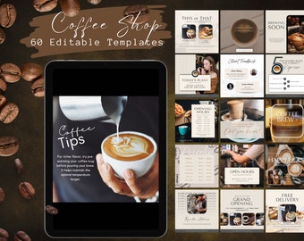 May include: A digital tablet displaying a collection of 60 editable social media templates for a coffee shop. The templates feature images of coffee, coffee cups, and coffee shop interiors. The text on the templates includes phrases like "Coffee Tips", "Brewing Soon", "Happy Hour", and "Free Delivery".