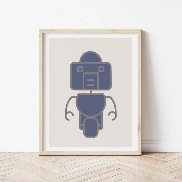 Affiche art mural robot bleu pour chambre d'enfant, impression robot bleu pour chambre bébé, robot visage mignon à imprimer