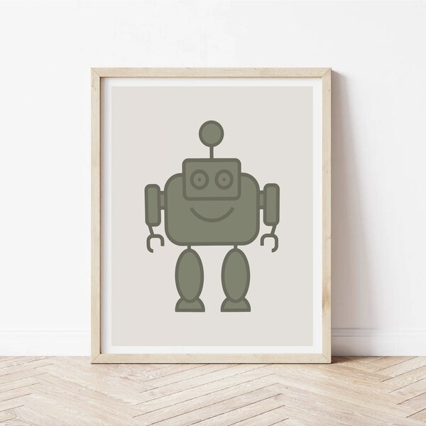 Poster art mural robot vert pour chambre d'enfant, impression robot vert pour chambre bébé, robot visage mignon à imprimer