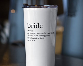 Vaso de acero inoxidable de 20 oz con texto en inglés "Novia", ideal como regalo para bodas.