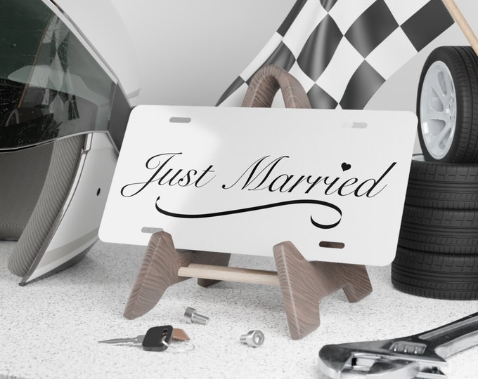 Wedding Vanity Plate, Just Married Script Car Tag, Newlywed Gift, Personalized License Plate, Wedding Decor, Bridal Shower Present