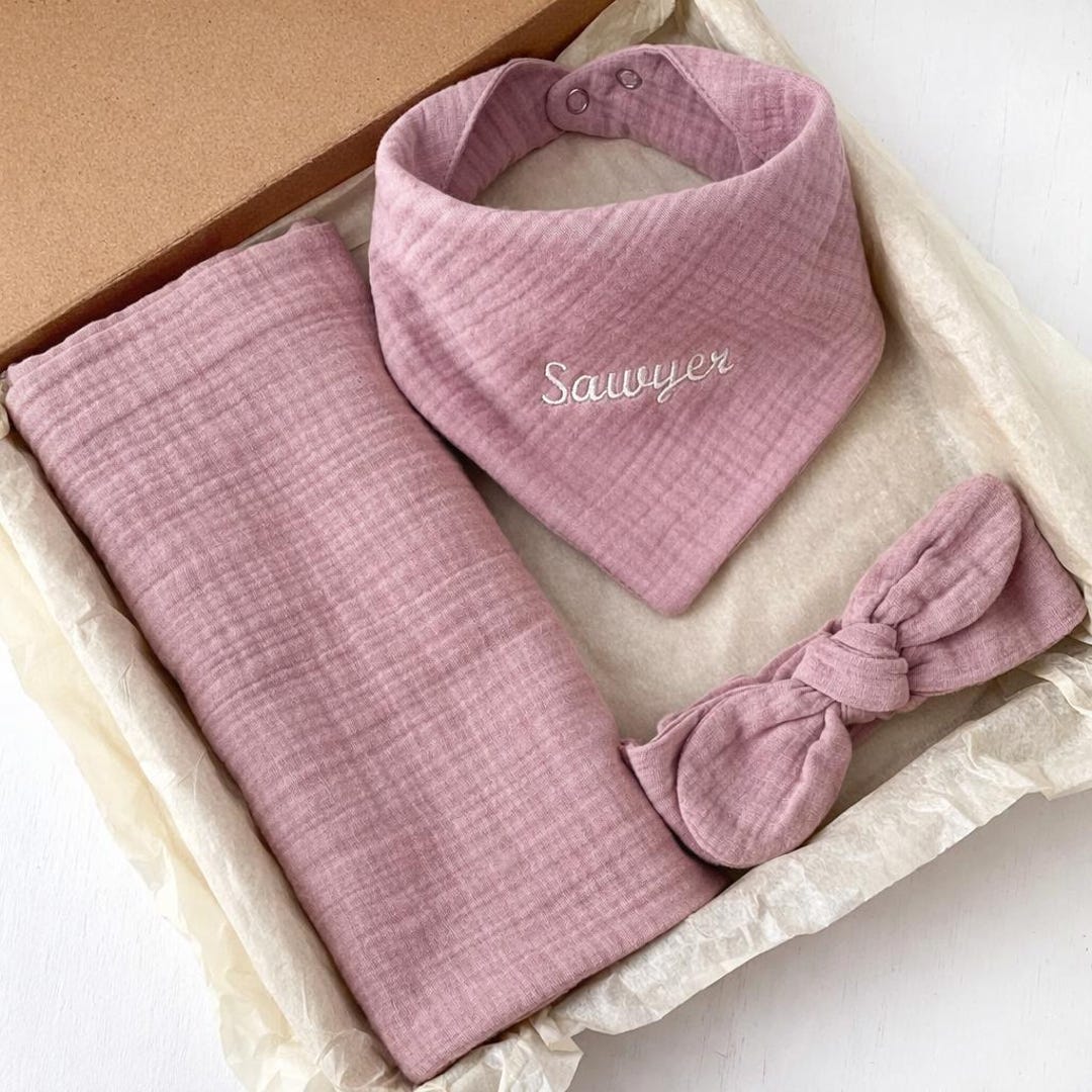 Personalized Baby Girl Gift Set With Name — Muslin Swaddle Blanket, Bib ...