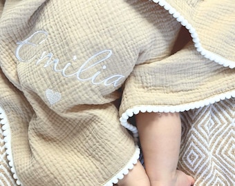 Personalized Baby Blanket with Name – Muslin Swaddle Blanket – Embroidered Newborn Gift – Baby Shower Gift for Girl or Boy