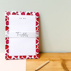 Strawberry A5 To Do List Note Pad in stock, Cute bright strawberry pad with tear off sheets, gifts stationery birthday, anniversary gift image 1