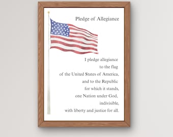 May include: A framed print featuring the Pledge of Allegiance. The print includes the text of the Pledge and a watercolor illustration of the American flag waving on a flagpole. The frame is made of wood.