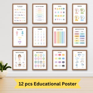 Conjunto de 12 carteles educativos, arte de pared/alfabeto, días de la semana, meses, formas, estaciones, colores, números, dirección, matemáticas, clima/imprimible
